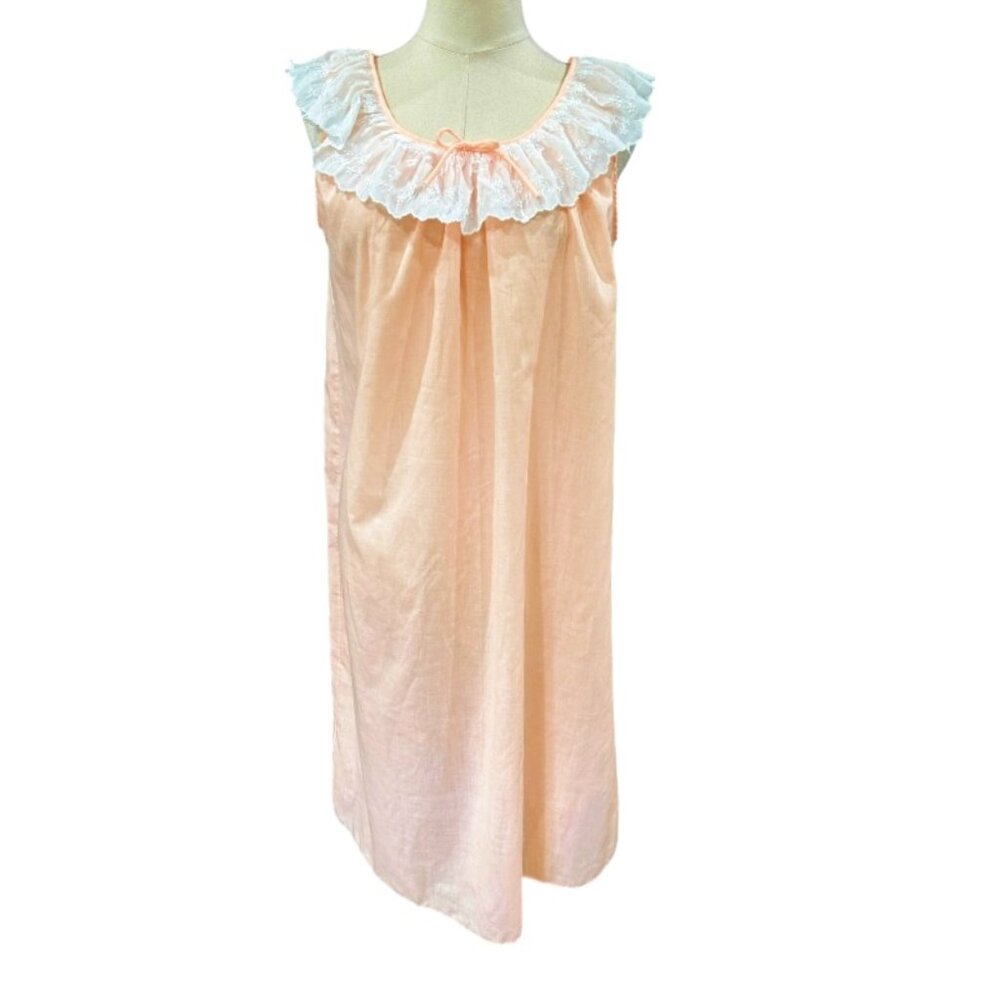 VTG Komar Sleeveless Nightgown SMALL Peach White Embroidered Scalloped Neckline